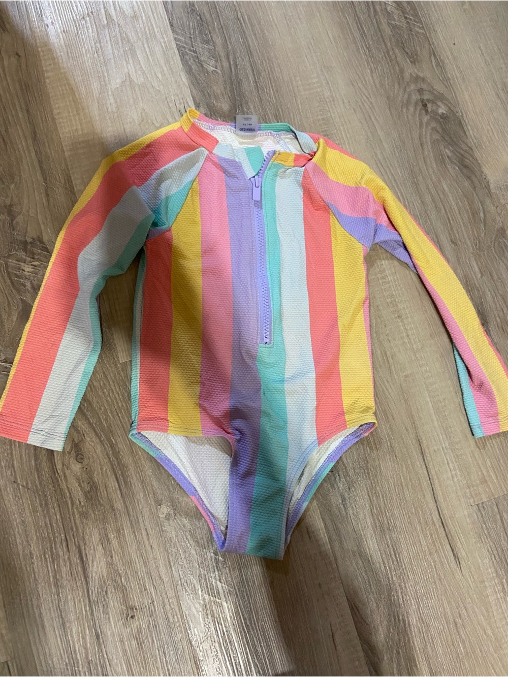 Girls' Rainbow Stripe Long-Sleeve One-Piece Swimsuit